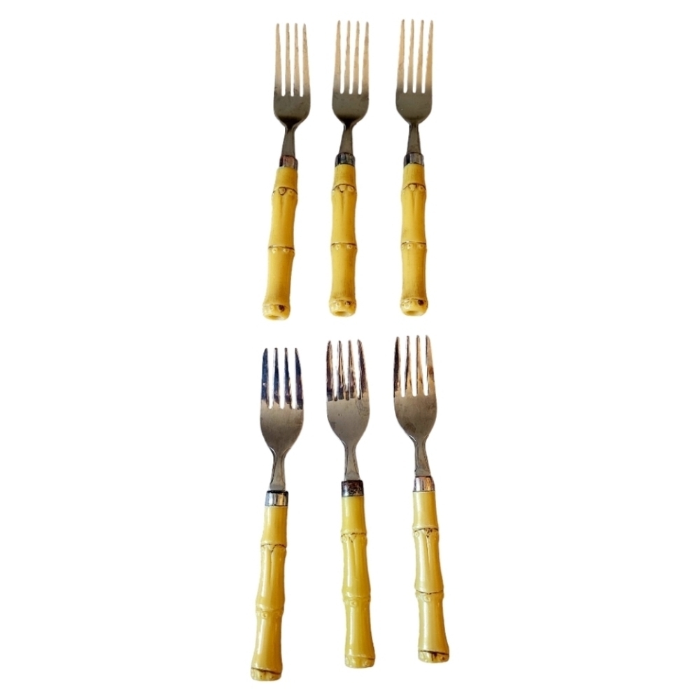 Vintage Bamboo Handled Stainless Steele Forks Set of 6 Light Colored